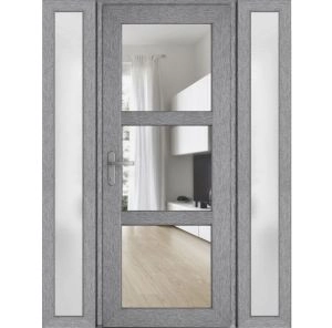 Front Exterior Prehung FiberGlass Door Clear Glass See-through / Manux 8555 Grey Ash Clear Glass / 2 Sidelight Exterior Windows / Office Commercial and Residential Doors Entrance Patio Garage-W12+36+12" x H80"-Right-hand Inswing