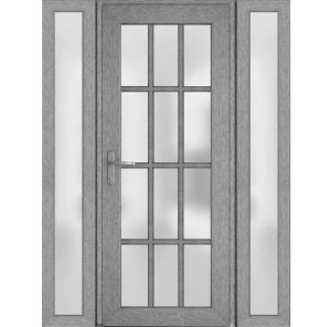 Front Exterior Prehung FiberGlass Door Frosted Glass / Manux 8312 Grey Ash / 2 Sidelight Exterior Windows / Office Commercial and Residential Doors Entrance Patio Garage-W12+36+12" x H80"-Right-hand Inswing