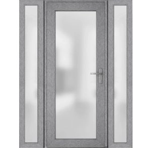 Front Exterior Prehung FiberGlass Door Frosted Glass / Manux 8102 Grey Ash / 2 Sidelight Exterior Windows / Office Commercial and Residential Doors Entrance Patio Garage-W14+36+14" x H80"-Left-hand Inswing
