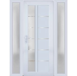 Front Exterior Prehung FiberGlass Door Frosted Glass / Manux 8088 White Silk / 2 Sidelight Exterior Windows / Office Commercial and Residential Doors Entrance Patio Garage-W12+36+12" x H80"-Right-hand Inswing