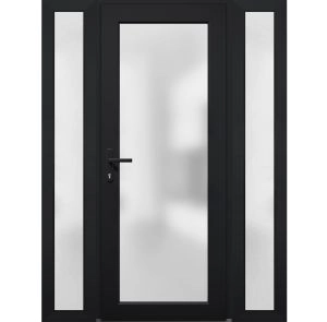 Front Exterior Prehung FiberGlass Door Frosted Glass / Manux 8102 Matte Black / 2 Sidelight Exterior Windows / Office Commercial and Residential Doors Entrance Patio Garage-W12+30+12" x H80"-Right-hand Inswing