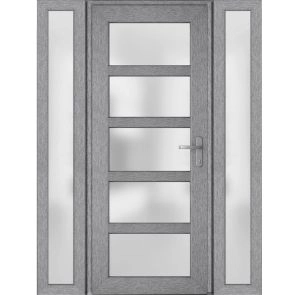 Front Exterior Prehung FiberGlass Door Frosted Glass / Manux 8002 Grey Ash / 2 Sidelight Exterior Windows / Office Commercial and Residential Doors Entrance Patio Garage-W14+36+14" x H80"-Left-hand Inswing
