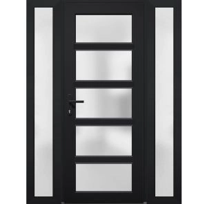 Front Exterior Prehung FiberGlass Door Frosted Glass / Manux 8002 Matte Black / 2 Sidelight Exterior Windows / Office Commercial and Residential Doors Entrance Patio Garage-W14+36+14" x H80"-Right-hand Inswing