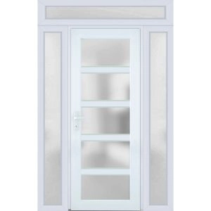 Front Exterior Prehung FiberGlass Door Frosted Glass / Manux 8002 White Silk / 2 Sidelight and Transom Window / Office Commercial and Residential Doors Entrance Patio Garage-W12+30+12" x H80+14"-Right-hand Inswing