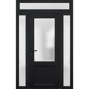 Front Exterior Prehung FiberGlass Door Frosted Glass / Manux 8422 Matte Black / 2 Sidelight and Transom Window / Office Commercial and Residential Doors Entrance Patio Garage-W12+36+12" x H80+14"-Right-hand Inswing