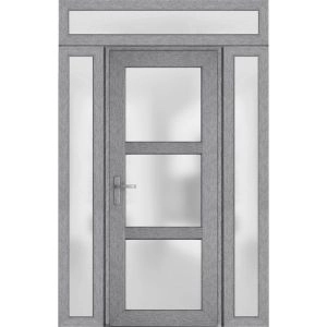 Front Exterior Prehung FiberGlass Door Frosted Glass / Manux 8552 Grey Ash / 2 Sidelight and Transom Window / Office Commercial and Residential Doors Entrance Patio Garage-W12+36+12" x H80+14"-Right-hand Inswing