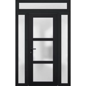 Front Exterior Prehung FiberGlass Door Frosted Glass / Manux 8552 Matte Black / 2 Sidelight and Transom Window / Office Commercial and Residential Doors Entrance Patio Garage-W12+30+12" x H80+14"-Right-hand Inswing