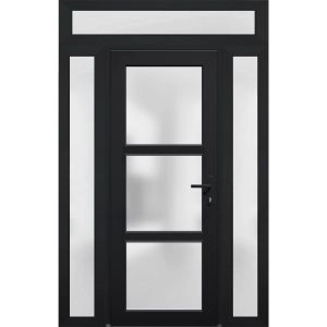 Front Exterior Prehung FiberGlass Door Frosted Glass / Manux 8552 Matte Black / 2 Sidelight and Transom Window / Office Commercial and Residential Doors Entrance Patio Garage-W12+30+12" x H80+14"-Left-hand Inswing
