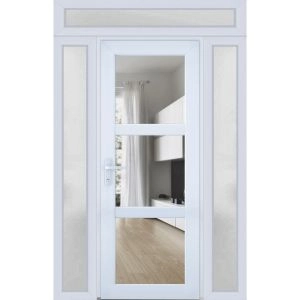 Front Exterior Prehung FiberGlass Door Clear Glass See-through / Manux 8555 White Silk Clear Glass / 2 Sidelight and Transom Window / Office Commercial and Residential Doors Entrance Patio Garage-W12+30+12" x H80+14"-Right-hand Inswing