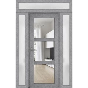 Front Exterior Prehung FiberGlass Door Clear Glass See-through / Manux 8555 Grey Ash Clear Glass / 2 Sidelight and Transom Window / Office Commercial and Residential Doors Entrance Patio Garage-W12+36+12" x H80+14"-Right-hand Inswing