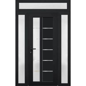 Front Exterior Prehung FiberGlass Door Frosted Glass / Manux 8088 Matte Black / 2 Sidelight and Transom Window / Office Commercial and Residential Doors Entrance Patio Garage-W12+30+12" x H80+14"-Right-hand Inswing