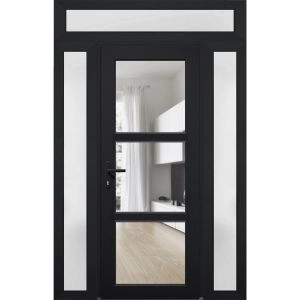 Front Exterior Prehung FiberGlass Door Clear Glass See-through / Manux 8555 Matte Black Clear Glass / 2 Sidelight and Transom Window / Office Commercial and Residential Doors Entrance Patio Garage-W12+30+12" x H80+14"-Right-hand Inswing