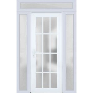 Front Exterior Prehung FiberGlass Door Frosted Glass / Manux 8312 White Silk / 2 Sidelight and Transom Window / Office Commercial and Residential Doors Entrance Patio Garage-W12+36+12" x H80+14"-Right-hand Inswing