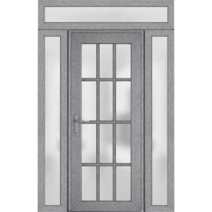Front Exterior Prehung FiberGlass Door Frosted Glass / Manux 8312 Grey Ash / 2 Sidelight and Transom Window / Office Commercial and Residential Doors Entrance Patio Garage-W12+36+12" x H80+14"-Right-hand Inswing
