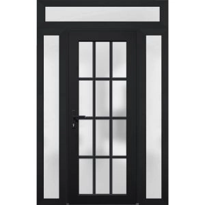 Front Exterior Prehung FiberGlass Door Frosted Glass / Manux 8312 Matte Black / 2 Sidelight and Transom Window / Office Commercial and Residential Doors Entrance Patio Garage-W12+36+12" x H80+14"-Right-hand Inswing
