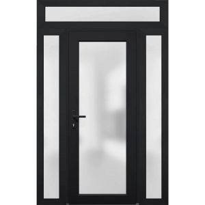 Front Exterior Prehung FiberGlass Door Frosted Glass / Manux 8102 Matte Black / 2 Sidelight and Transom Window / Office Commercial and Residential Doors Entrance Patio Garage-W12+30+12" x H80+14"-Right-hand Inswing