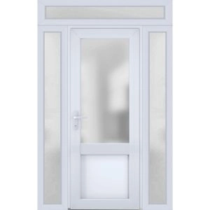 Front Exterior Prehung FiberGlass Door Frosted Glass / Manux 8422 White Silk / 2 Sidelight and Transom Window / Office Commercial and Residential Doors Entrance Patio Garage-W12+36+12" x H80+14"-Right-hand Inswing