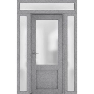 Front Exterior Prehung FiberGlass Door Frosted Glass / Manux 8422 Grey Ash / 2 Sidelight and Transom Window / Office Commercial and Residential Doors Entrance Patio Garage-W12+36+12" x H80+14"-Right-hand Inswing