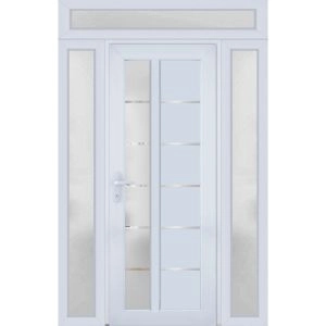 Front Exterior Prehung FiberGlass Door Frosted Glass / Manux 8088 White Silk / 2 Sidelight and Transom Window / Office Commercial and Residential Doors Entrance Patio Garage-W12+30+12" x H80+14"-Right-hand Inswing