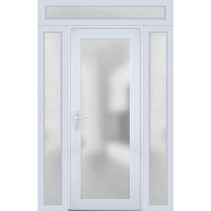 Front Exterior Prehung FiberGlass Door Frosted Glass / Manux 8102 White Silk / 2 Sidelight and Transom Window / Office Commercial and Residential Doors Entrance Patio Garage-W12+30+12" x H80+14"-Right-hand Inswing