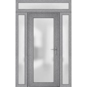 Front Exterior Prehung FiberGlass Door Frosted Glass / Manux 8102 Grey Ash / 2 Sidelight and Transom Window / Office Commercial and Residential Doors Entrance Patio Garage-W16+36+16" x H80+14"-Left-hand Inswing