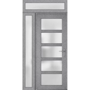 Front Exterior Prehung FiberGlass Door Frosted Glass / Manux 8002 Grey Ash / Sidelight and Transom Window / Office Commercial and Residential Doors Entrance Patio Garage-W36+14" x H80+14"-Left-hand Inswing