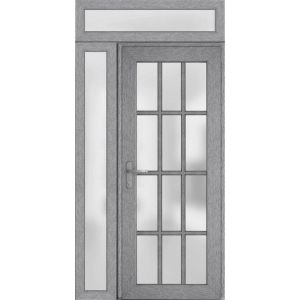 Front Exterior Prehung FiberGlass Door Frosted Glass / Manux 8312 Grey Ash / Sidelight and Transom Window / Office Commercial and Residential Doors Entrance Patio Garage-W36+12" x H80+14"-Right-hand Inswing