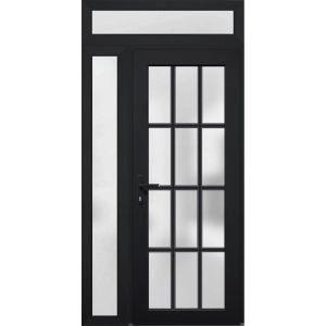 Front Exterior Prehung FiberGlass Door Frosted Glass / Manux 8312 Matte Black / Sidelight and Transom Window / Office Commercial and Residential Doors Entrance Patio Garage-W36+12" x H80+14"-Right-hand Inswing