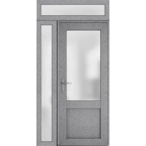 Front Exterior Prehung FiberGlass Door Frosted Glass / Manux 8422 Grey Ash / Sidelight and Transom Window / Office Commercial and Residential Doors Entrance Patio Garage-W36+12" x H80+14"-Right-hand Inswing
