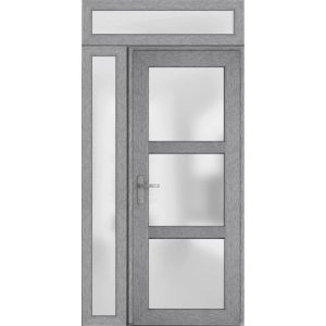 Front Exterior Prehung FiberGlass Door Frosted Glass / Manux 8552 Grey Ash / Sidelight and Transom Window / Office Commercial and Residential Doors Entrance Patio Garage-W36+12" x H80+14"-Right-hand Inswing