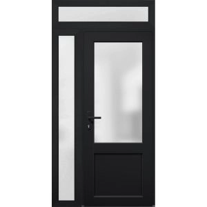 Front Exterior Prehung FiberGlass Door Frosted Glass / Manux 8422 Matte Black / Sidelight and Transom Window / Office Commercial and Residential Doors Entrance Patio Garage-W36+12" x H80+14"-Right-hand Inswing