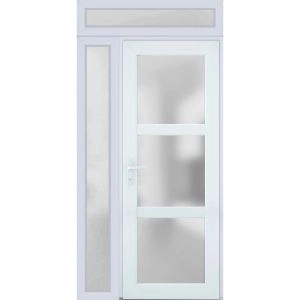 Front Exterior Prehung FiberGlass Door Frosted Glass / Manux 8552 White Silk / Sidelight and Transom Window / Office Commercial and Residential Doors Entrance Patio Garage-W30+12" x H80+14"-Right-hand Inswing