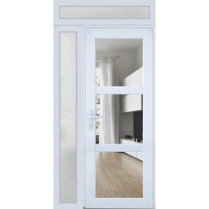 Front Exterior Prehung FiberGlass Door Clear Glass See-through / Manux 8555 White Silk Clear Glass / Sidelight and Transom Window / Office Commercial and Residential Doors Entrance Patio Garage-W30+12" x H80+14"-Right-hand Inswing