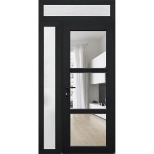 Front Exterior Prehung FiberGlass Door Clear Glass See-through / Manux 8555 Matte Black Clear Glass / Sidelight and Transom Window / Office Commercial and Residential Doors Entrance Patio Garage-W30+12" x H80+14"-Right-hand Inswing