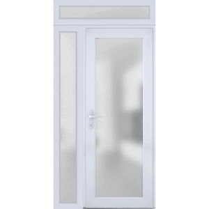 Front Exterior Prehung FiberGlass Door Frosted Glass / Manux 8102 White Silk / Sidelight and Transom Window / Office Commercial and Residential Doors Entrance Patio Garage-W30+12" x H80+14"-Right-hand Inswing