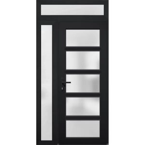 Front Exterior Prehung FiberGlass Door Frosted Glass / Manux 8002 Matte Black / Sidelight and Transom Window / Office Commercial and Residential Doors Entrance Patio Garage-W30+12" x H80+14"-Right-hand Inswing