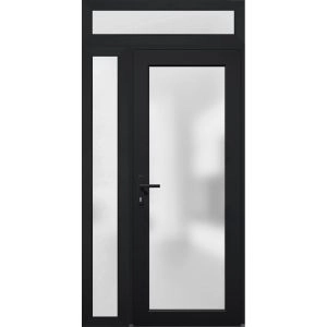 Front Exterior Prehung FiberGlass Door Frosted Glass / Manux 8102 Matte Black / Sidelight and Transom Window / Office Commercial and Residential Doors Entrance Patio Garage-W30+12" x H80+14"-Right-hand Inswing