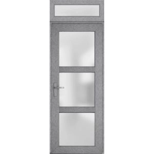 Front Exterior Prehung FiberGlass Door Frosted Glass / Manux 8552 Grey Ash / Transom Window / Office Commercial and Residential Doors Entrance Patio Garage-W36" x H80+14"-Right-hand Inswing