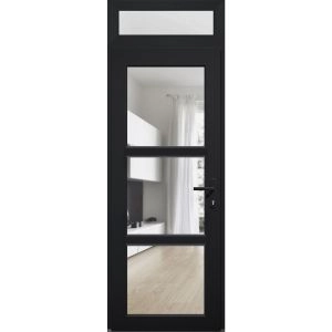 Front Exterior Prehung FiberGlass Door Clear Glass See-through / Manux 8555 Matte Black Clear Glass / Transom Window / Office Commercial and Residential Doors Entrance Patio Garage-W36" x H80+14"-Right-hand Inswing