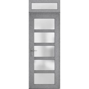 Front Exterior Prehung FiberGlass Door Frosted Glass / Manux 8002 Grey Ash / Transom Window / Office Commercial and Residential Doors Entrance Patio Garage-W36" x H80+14"-Right-hand Inswing