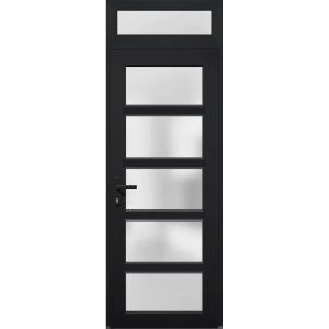 Front Exterior Prehung FiberGlass Door Frosted Glass / Manux 8002 Matte Black / Transom Window / Office Commercial and Residential Doors Entrance Patio Garage-W36" x H80+14"-Right-hand Inswing