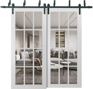 Sliding Closet 12 Lites Clear Glass Barn Bypass Doors | Felicia 3355 White Silk | Sturdy 6.6ft Rails Hardware Set | Wood Solid Bedroom Wardrobe Doors  -36" x 80" (2* 18x80)