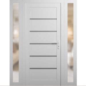 Front Exterior Prehung Metal-Plastic Door | Manux 8415 White Silk | 2 Side Sidelite Transoms | Office Commercial and Residential Doors Entrance Patio Garage 60" x 80" (W12+36+12" x H80") Left hand Inswing