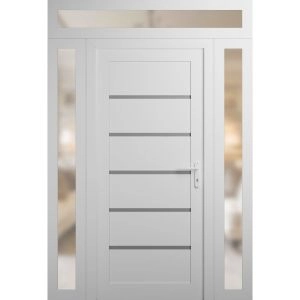 Front Exterior Prehung Metal-Plastic Door | Manux 8415 White Silk | 2 Side and Top Sidelite Transom | Office Commercial and Residential Doors Entrance Patio Garage 54" x 94" (W12+30+12" x H80+14") Right hand Inswing