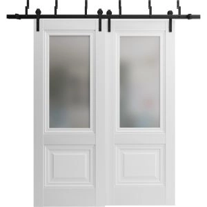 Sliding Closet Barn Bypass Doors | Lucia 8822 White Silk with Frosted Glass | Sturdy 6.6ft Rails Hardware Set | Wood Solid Bedroom Wardrobe Doors 