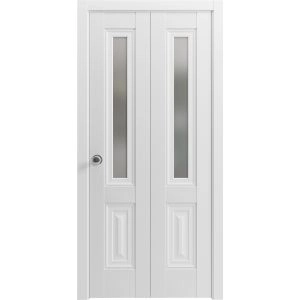 Sliding Closet Bi-fold Doors | Lucia 8822 White Silk with Frosted Glass | Sturdy Tracks Moldings Trims Hardware Set | Wood Solid Bedroom Wardrobe Doors 