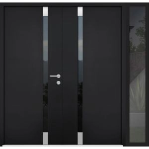 Front Exterior Prehung Steel Double Doors / Cynex 6777 Black / Sidelight Exterior Window / Stainless Inserts Single Modern Painted-W72+16" x H80"-Left-hand Outswing