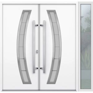 Front Exterior Prehung Metal Double Doors / Deux 1713 Natural Oak Frosted Glass / 1 Sidelight / Entry Modern Painted 86x96 (W72+14" x H96") Right hand Outswing