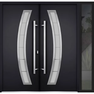 Front Exterior Prehung Steel Double Doors / Deux 6500 Black / Sidelight Exterior Window / Stainless Inserts Single Modern Painted-W72+16" x H80"