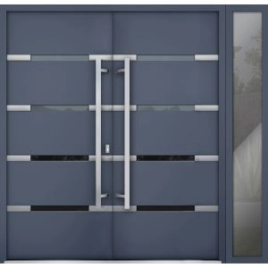 Front Exterior Prehung Steel Double Doors / Deux 1105 Gray Graphite / Sidelight Exterior Window / Stainless Inserts Single Modern Painted-W72+16" x H80"